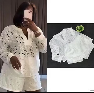 Ensemble 2 pièces pour femme S-8816, tendance printemps-été, style streetwear, <span class=keywords><strong>haut</strong></span> à manches longues, col en V, ajouré, transparent, et short - Product Image 6