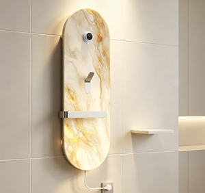 Appendiabiti da Parete di Lusso con Texture Marmorizzata, Specchio Illuminato e Mensola, Organizzatore Moderno per Bagno - Product Image 2