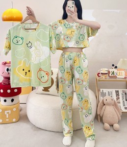 Kadın 3 In1 pijama 2 kısa kollu üst t-shirt 1 pantolon 3 adet Set pijama kore yumuşak ev kıyafeti karikatürler Baju Tidur - Product Image 6