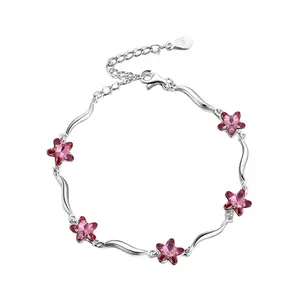 Rinntin SWB07 Pink Swarovski Flower Chain and Link 925 Sterling Silver Delicate 16 cm to 19.5 cm adjustable Bracelet