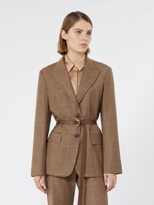 Blazer en laine à carreaux marron pour femme avec ceinture, revers cranté, simple boutonnage, veste de costume de bureau, blazer formel pour le travail - Product Image 1
