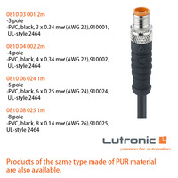 Câble d'actionneur/capteur mâle droit 8 pôles Lutronic M8, surmoulé IP67, avec boîtier en cuivre à contact doré, connecteur simple extrémité 1m