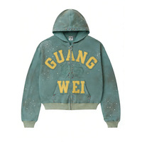 Sudadera con capucha personalizada con cremallera, pedrería, brillo, bordado efecto desgastado por el sol, vintage, desgastada, lavado ácido, diamantes y pedrería de imitación