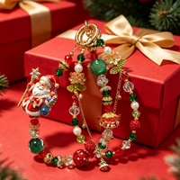 Breloque de sac de Noël Père Noël perlée, rouge, verte, en cristal et perles, porte-clés doré, pendentif de téléphone, cadeau fait main, vente en gros