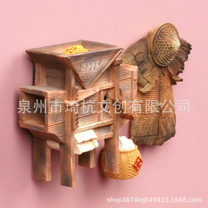 Rustic Refrigerator Magnets Vintage Rice Threshing Cart And Raincoat Set Handmade Decorative Gift For Home <b>Kitchen</b> - Product Image 2