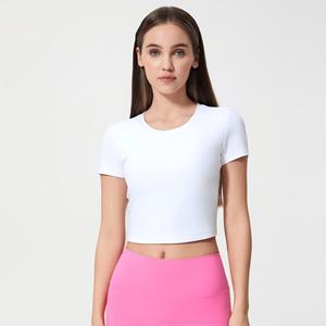 Haut court de yoga pour femme à manches courtes, dos froncé avec cordon de serrage, soutien-gorge intégré, respirant, pour l'entraînement et le Pilates, vente en gros - Product Image 2