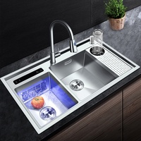 Évier de cuisine à double bac en acier inoxydable à ultrasons avec système de nettoyage intelligent