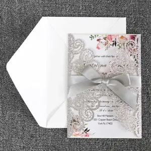 Groothandel Mooie Zilveren Grijze Bloemenbruiloft Lasergesneden Uitnodiging Custom Luxe Originele Bruiloft Uitnodigingskaart