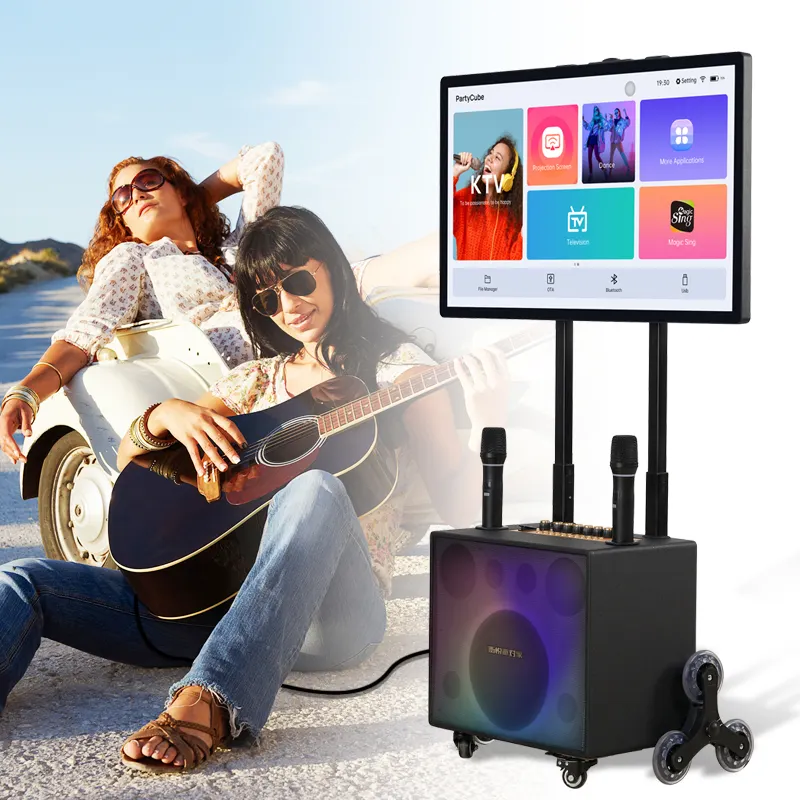 Kablosuz mikrofonlar ile Portable touch taşınabilir MP3 çalar iki hoparlör ile sıcak satış Karaoke makinesi eğlence ekran