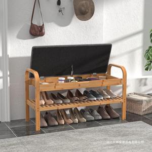 Bamboo Shoe Bench With <b>Cushion</b> <b>Storage</b> Shelf For Entryway Living Room Scandinavian Style - Product Image 4