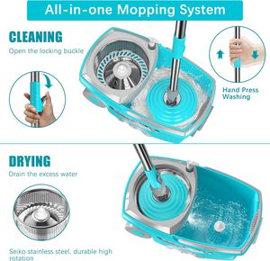 FunClean pour ensemble de <span class=keywords><strong>seau</strong></span> avec essoreuse rotative à 360°, 6 recharges en microfibre, manche télescopique en acier inoxydable de 61 pouces, 2 roues, bleu - Product Image 2