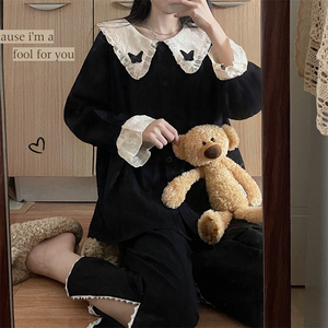 2024 set di pigiami neri graziosi homewear con risvolto grande ragazza a <span class=keywords><strong>manica</strong></span> <span class=keywords><strong>lunga</strong></span> in cotone primavera autunno pigiama <span class=keywords><strong>camicia</strong></span> <span class=keywords><strong>da</strong></span> <span class=keywords><strong>notte</strong></span> <span class=keywords><strong>da</strong></span> donna - Product Image 2