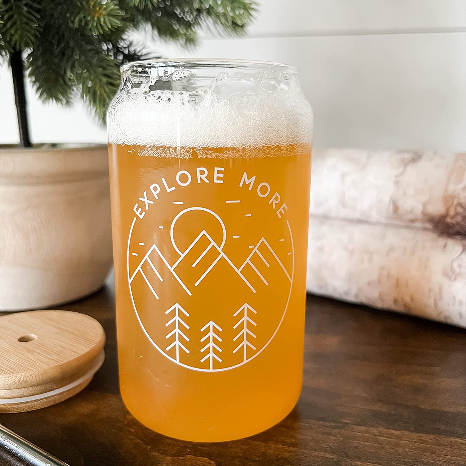 Iced Coffeewith Bamboo Lid and Straw | 16oz Beer  Camping Cup | Can Shaped Glass