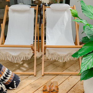 Chaises longues de <span class=keywords><strong>jardin</strong></span> en <span class=keywords><strong>toile</strong></span> vintage de qualité supérieure avec franges en <span class=keywords><strong>bois</strong></span>, réglables, sans accoudoirs, pour patio, bord de piscine - Product Image 4