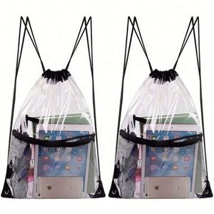 Sac à dos de sport en PVC transparent avec cordon de serrage, logo personnalisé imprimé, poche en maille imperméable et fermeture éclair – Vente en gros à prix réduit - Product Image 1