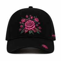 Casquette de baseball pour femme en coton sergé noir, broderie 3D de fleurs roses et lettres, réglable, pour sports de plein air, style Dad Hat
