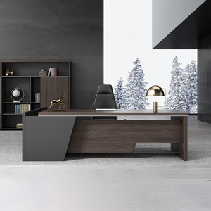 Bureau moderne en bois <span class=keywords><strong>de</strong></span> noyer en forme <span class=keywords><strong>de</strong></span> L Mobilier <span class=keywords><strong>de</strong></span> poste <span class=keywords><strong>de</strong></span> travail extensible certifié CE pour patron/directeur général et secrétaire - Product Image 1