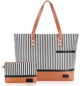 Large Stripe Canvas PU Leather Laptop Tote Bag Durable Work Tote Shoulder Bags Fashion Office Handbags Briefcase for Women Girls