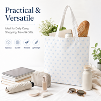 Sac fourre-tout en toile blanche avec imprimé à pois bleus, grande capacité, réutilisable, sac de shopping robuste en toile épaisse, sac à bandoulière pour usage quotidien