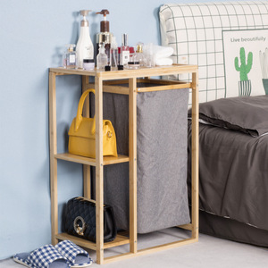 Bamboo <b>Laundry</b> Storage Rack With Fabric <b>Basket</b> Rectangle Standing Type Durable Clothing Organizer For Bathroom Bedroom - Product Image 3
