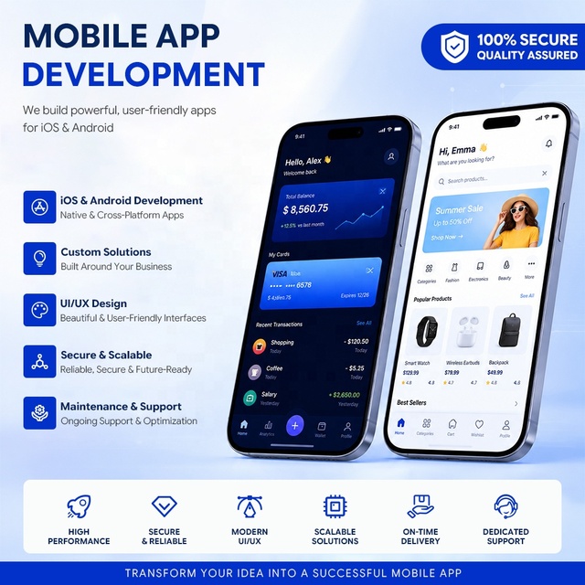 Custom Mobile App Development Service for Windows Android E-commerce Applications with Design and Backend Integration