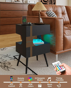 Vertical Slat LED Nightstand with Built-In Charging Station 2 Drawer Open Oval Nook Pine Leg Side <b>End</b> <b>Table</b> for Small Bedroom - Product Image 3