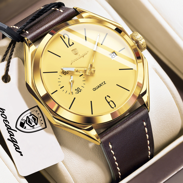 POEDAGAR 689 Quartz Watch Men Hardlex Dial Leather Strap 3ATM Waterproof Luminous Night Light Business Wristwatch