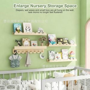Estante de pared de madera maciza con borde ondulado, estantería de almacenamiento de 4 niveles para habitación infantil, para organizar libros y juguetes, montaje sin perforaciones - Product Image 4