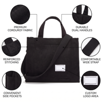 BSCI personnalisé velours côtelé fermeture éclair sac à bandoulière coton toile, sac à main décontracté fourre-tout femme Eco sac à bandoulière Vintage sacs de messager