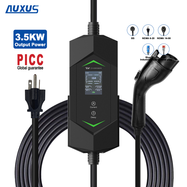Portable EV Charger SAE J1772 Type 1 Level 2 EV Fast Charging 16A 3.5kw Electric Car Charger With Control Box 5 Meters Cable