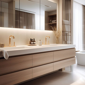 <span class=keywords><strong>Mobile</strong></span> <span class=keywords><strong>Bagno</strong></span> Sospeso in Legno Chiaro su Misura, Set <span class=keywords><strong>Mobile</strong></span> <span class=keywords><strong>Bagno</strong></span> a Parete <span class=keywords><strong>con</strong></span> Doppio Lavabo e Top in Pietra Sinterizzata - Product Image 3