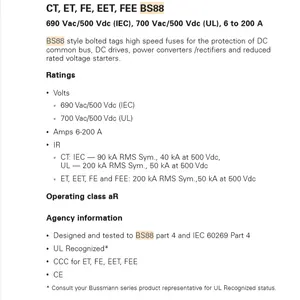 EATON Bussmann BS88.4 fuses 35FE TO100FE ceramic glass decoration enclosed cylindrical cutout diazed white alumina dc ac silica