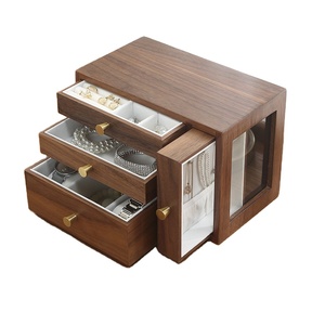 Boîte à bijoux de luxe légère en noyer à quatre tiroirs, vitrine à bijoux en verre, coffret à bijoux - Product Image 1