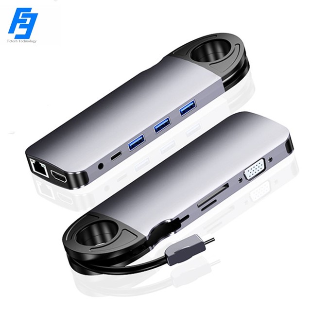 10 in 1 Adapter Premium USB-C Hub Intelligent Docking Station PD Fast Charge/1000M RJ45 LAN Port/HD/VGA/USB3.0*3/SD/TF/3.5mm
