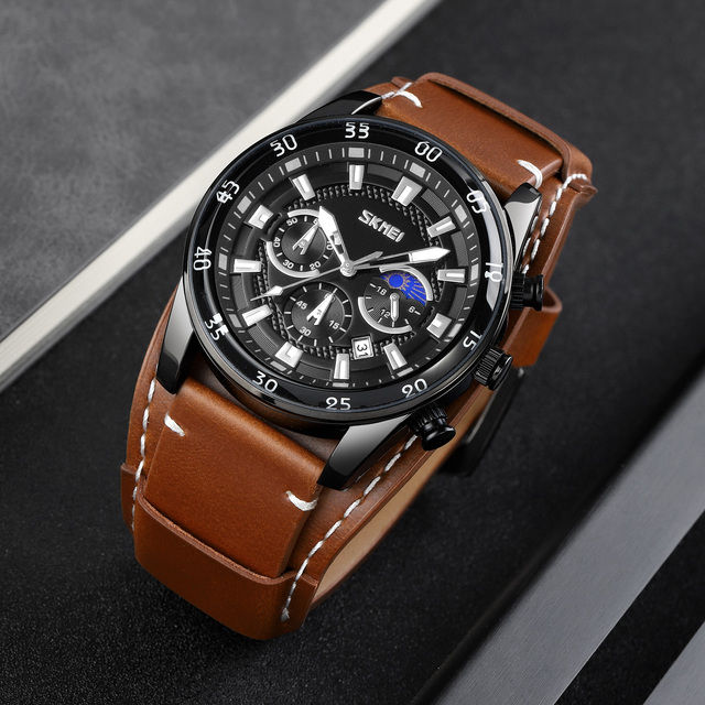 SKMEI 9249 Chronograph Leather Watches Moon Phase Dial Quartz Movement Wristwatch Multi Functional Pointer Meter for Men