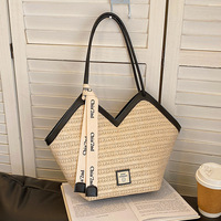 Bolso Tote de Paja Tejida a la Moda |   Bolso de Hombro de Gran Capacidad para Mujer con Correa Personalizada con Logotipo para Viajes y Compras