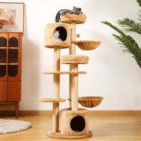 Grand arbre à chat pliable multi-niveaux en bois avec plateforme de saut en sisal, mobilier et maisonnette pour plusieurs chats