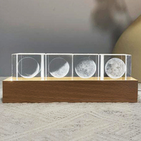 Veilleuse carrée en cristal sculpté 3D lumineux, base en bois massif, décoration artistique, personnalisation complète, cristal de lune carré, lumière LED