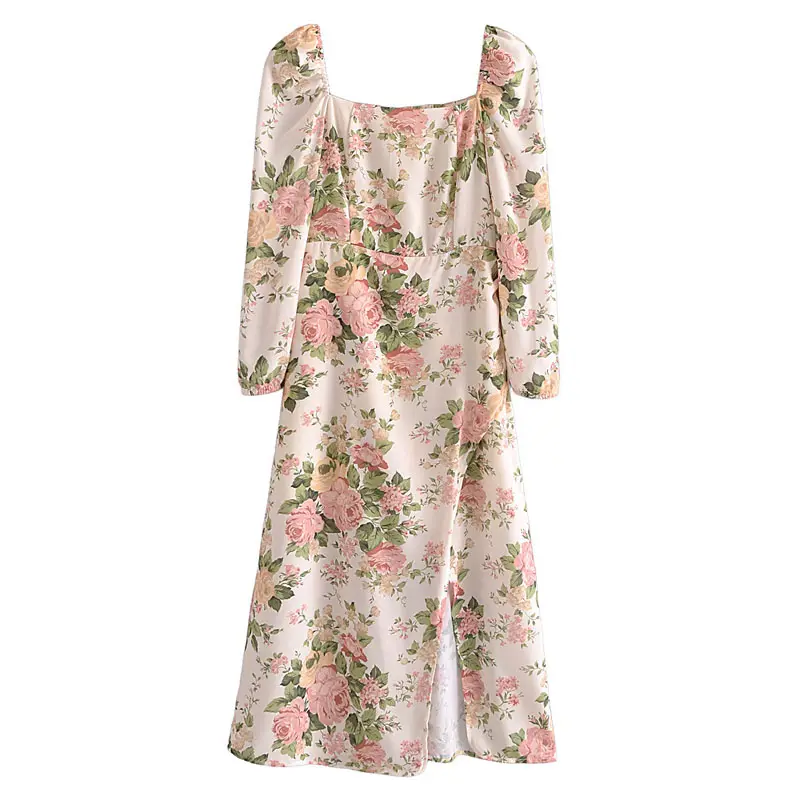 Q255 New 2022 European Design Floral Print long Sleeve Slim Waist Dress Women Dresses Clothing 1