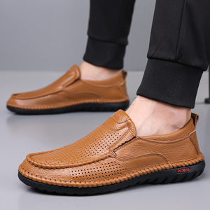 Mocasines de Cuero Genuino para Hombre, Verano, Sin Cordones, Transpirables, Suela de Goma, Zapatos Casuales, Diseño Sólido, Logotipo Impreso, Perforados - Product Image 2