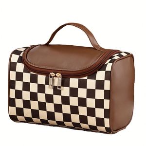 Plaid Portable Cosmetic Bag Large Capacity for Organizer Travel Waterproof <b>Makeup</b> Storage Carry Pouch Journey Groom Kit PU - Product Image 1