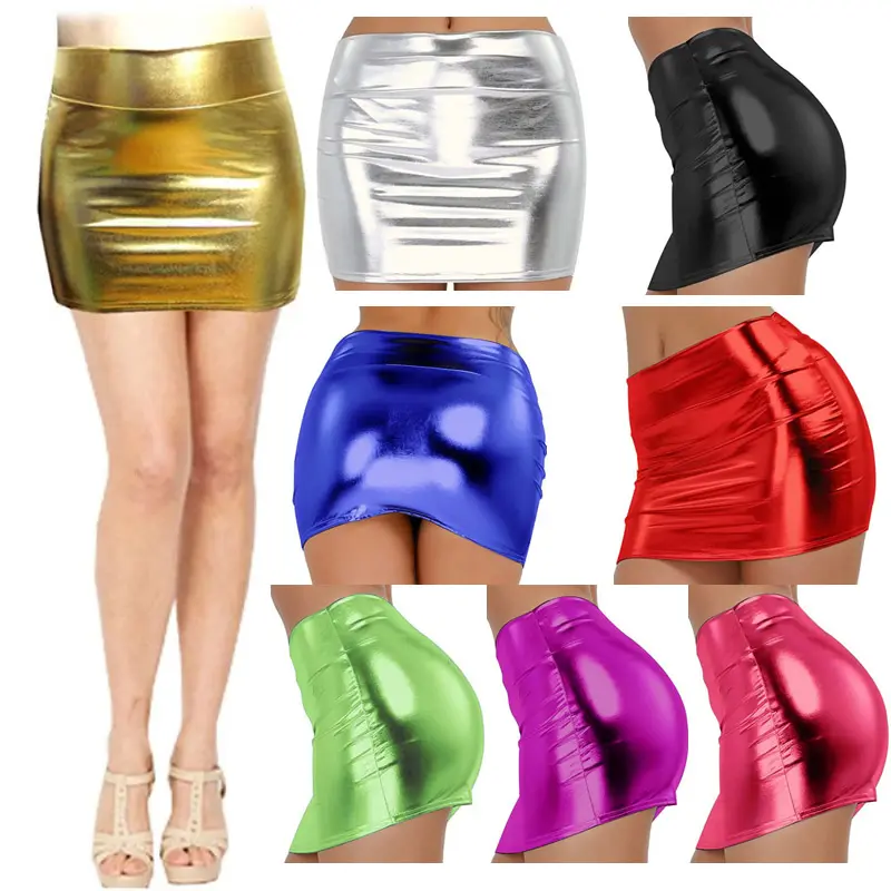 Women Latex Shinning Package Hip Skirt Sexy Nightclub Stage Mini Short Fitted Colorful Pencil Skirts