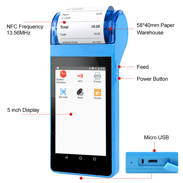 Milestone MHT-V6S Android 2 SIMs Prepaid Card Pos Payment Terminal Ticket Printer All in One Touch Screen
