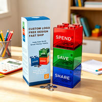 Boîte à monnaie en plastique transparente avec logo personnalisé, blocs de construction, jouet éducatif pour enfants, tirelire, cadeau pour garçons et filles