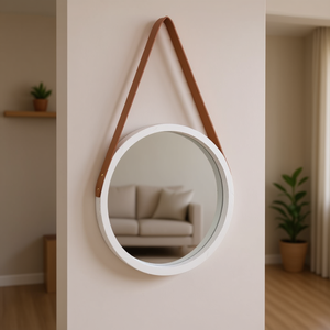 Espejo Redondo Blanco de Pared con Correa de Cuero Marrón, Decoración Escandinava para el Hogar - Product Image 2