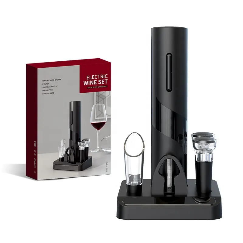 Set peralatan rumah kualitas tinggi 5 in 1, pembuka botol anggur elektrik dengan penyumbat anggur, pemotong Foil & Dasar penyimpanan