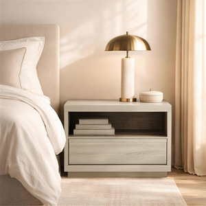 Nightstand In Whitewashed Oak Finish With <b>Open</b> Shelf And Drawer <b>Storage</b> For Bedroom Use - Product Image 5