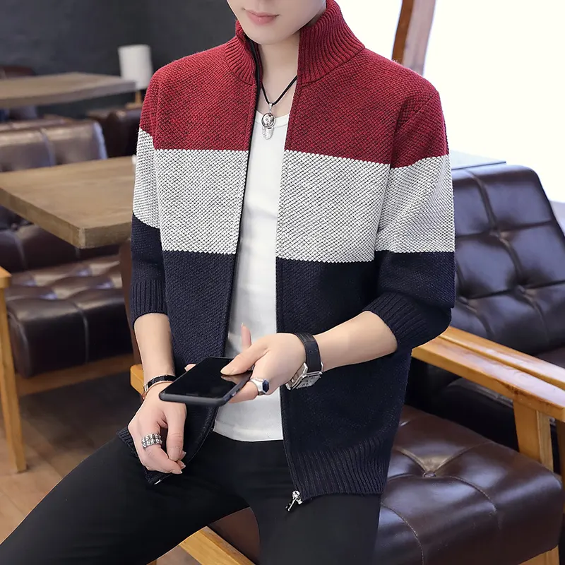 ANSZKTN Autumn and winter clothes high neck men's cardigan thickened plus velvet stand collar zipper sweater sweater knitted