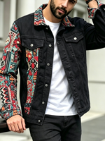 Veste en jean noire pour homme, style ethnique, patchwork, streetwear, bohème, veste de camionneur, manteau, vêtement d'extérieur