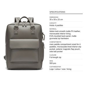 Large Structured Italian-PU Pickleball <b>Backpack</b> Holds 4 Paddles Italian-Look Smooth Custom Logo Wholesale - Product Image 6